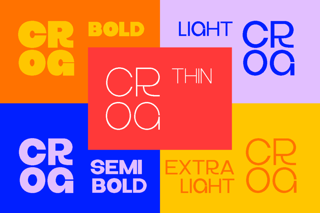 Typography showcase of Crog in branding and logo applications.