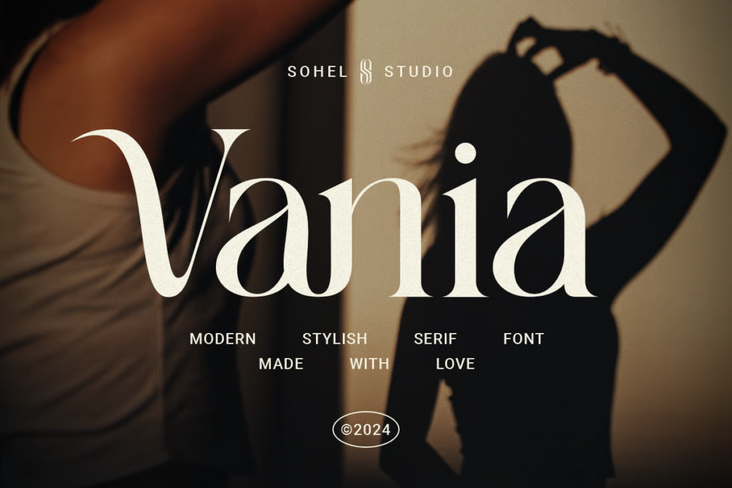 Vania serif typeface in a cinematic poster mockup.