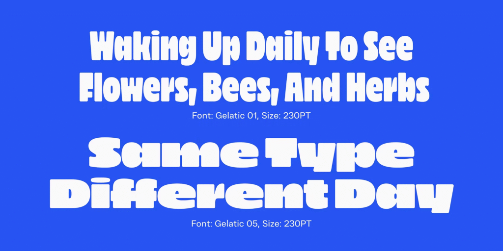 Gelatic typeface variable weight example.
