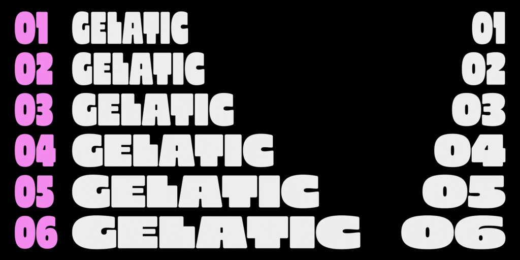 Gelatic sans serif font family character set showcase.