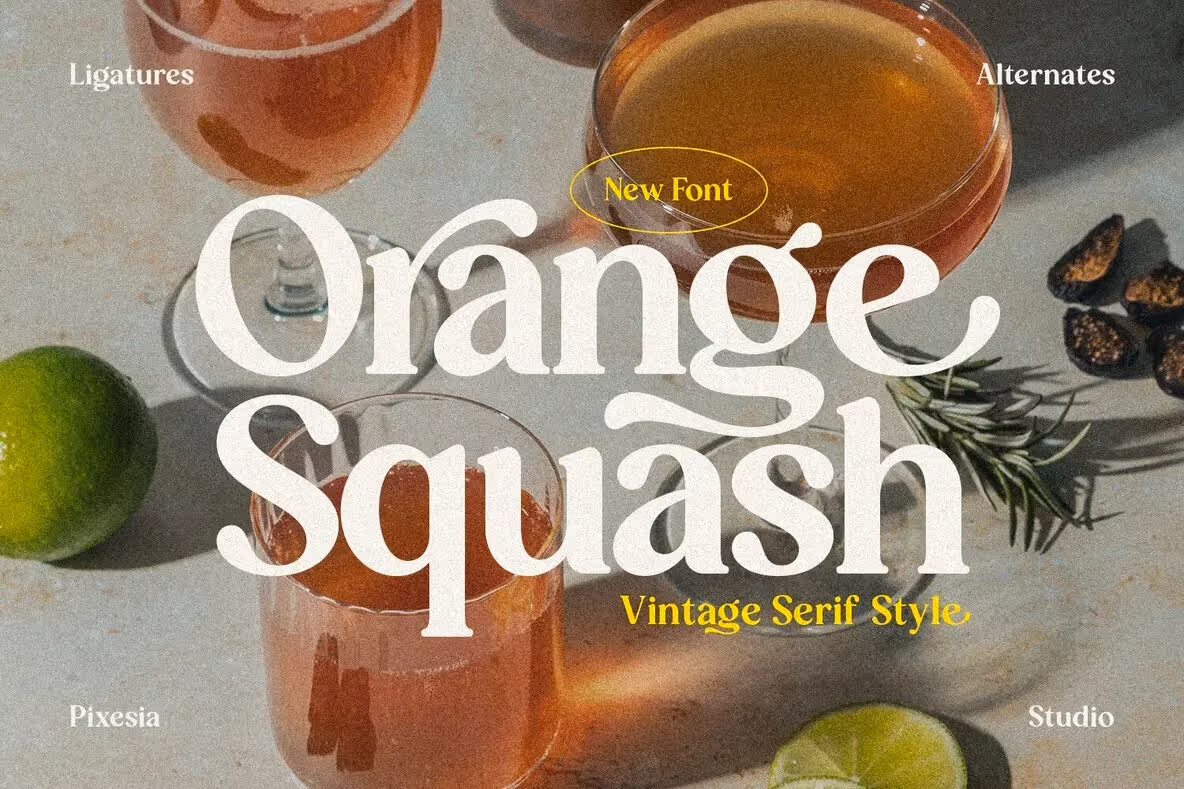 Orange Squash bold vintage serif font with chunky serifs and playful retro curves.