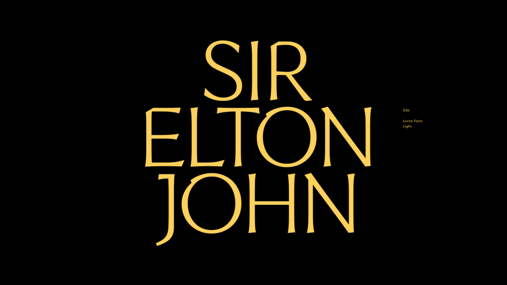 Lorne type family with calligraphic details and slanted terminals.