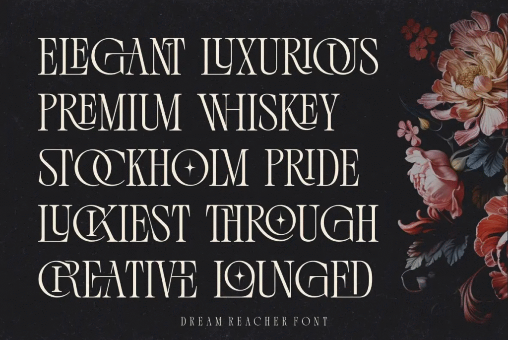 Dream Reacher serif font showing creative ligature details.