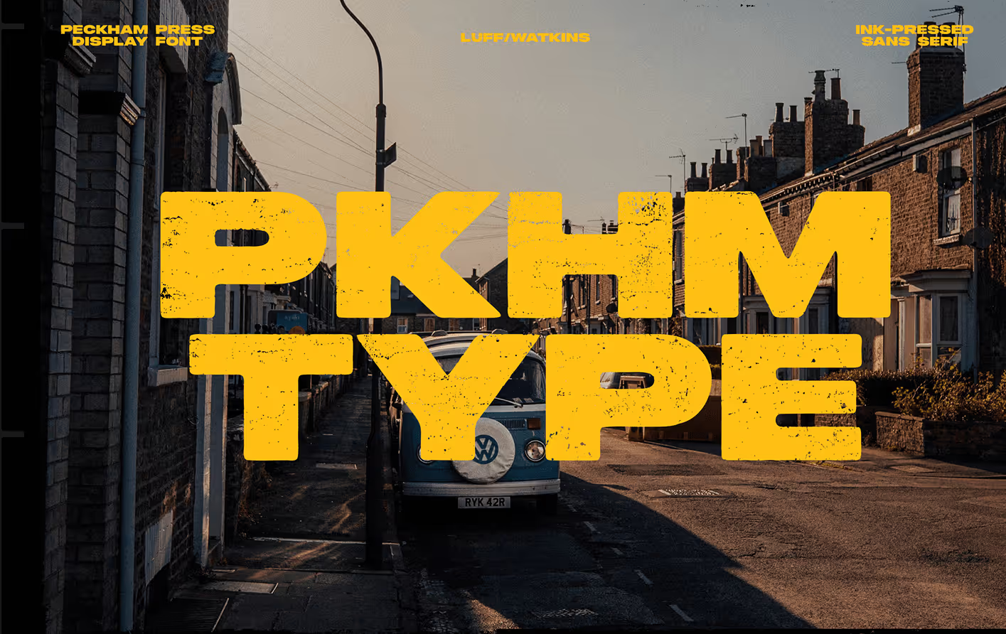 Peckham font showcasing bold, hand-pressed letterforms with raw and industrial character.