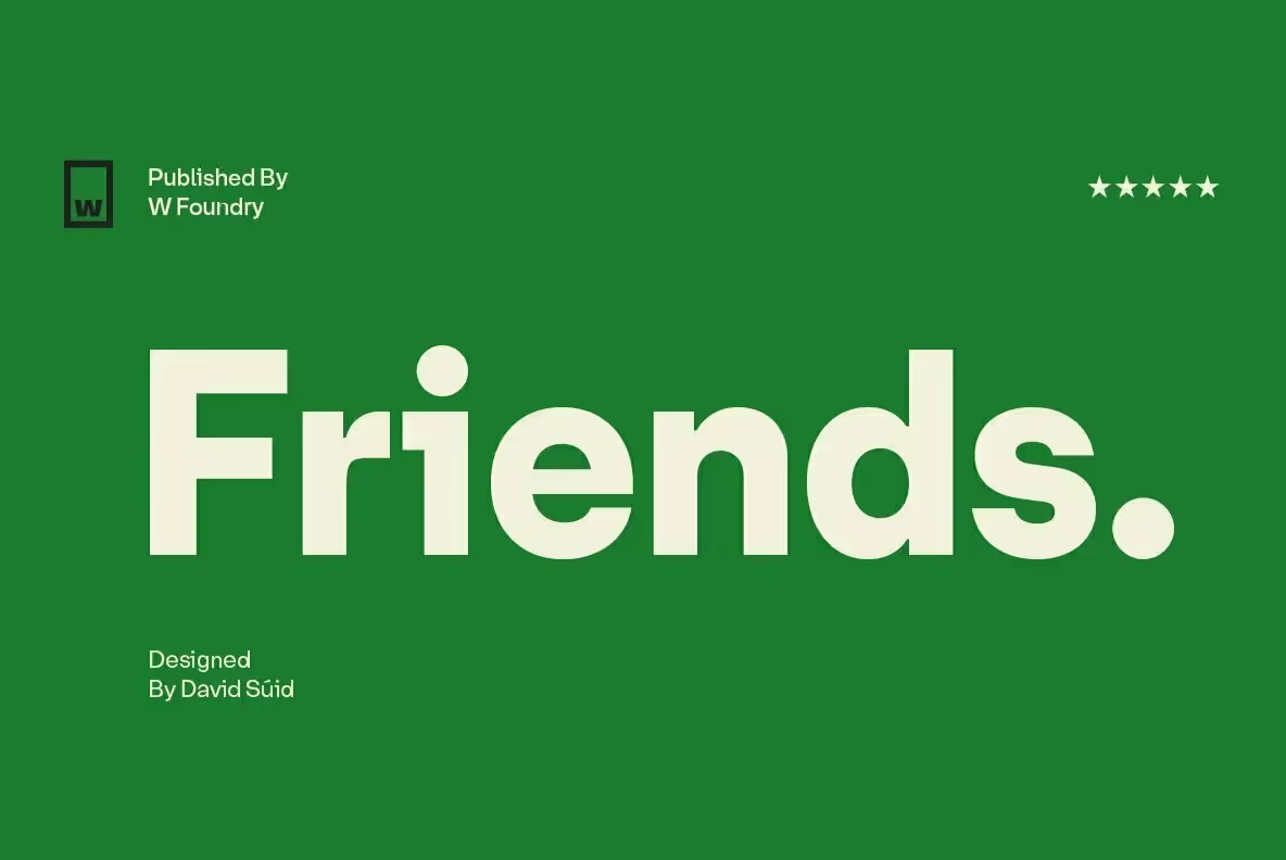 Friends font family showcasing contemporary typography with emojis and icons.